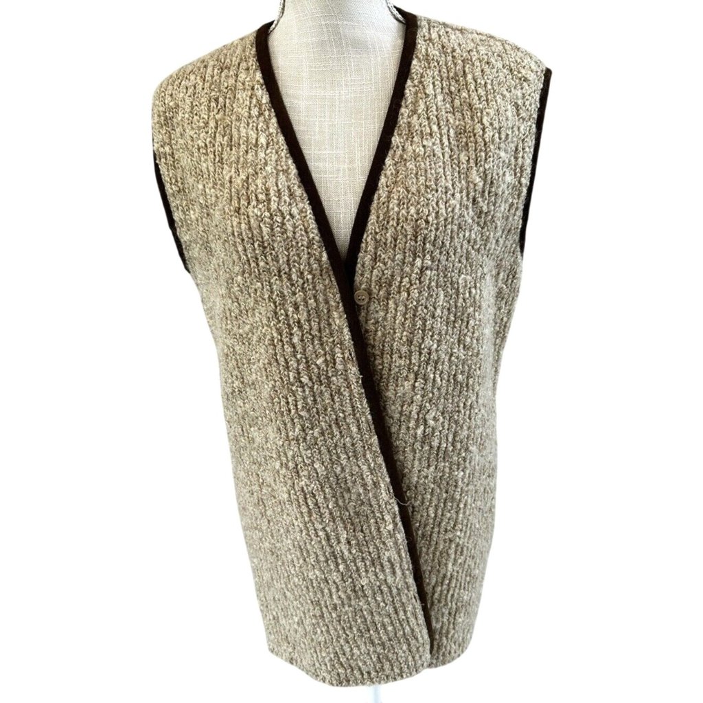 Vintage Saks Fifth Avenue Blassport Wool Blend Beige Sleeveless Cardigan Vest 12